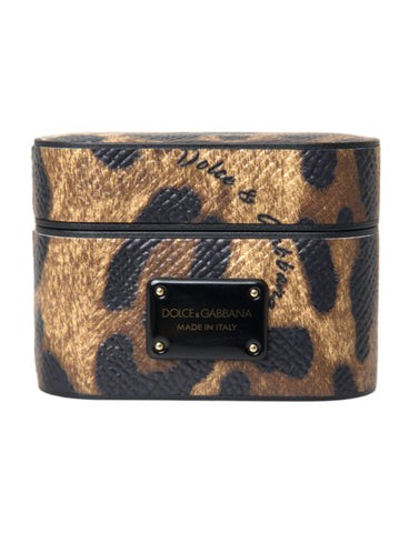 Dolce & Gabbana Brown Leopard Calf Leather Metal Logo Plaque Airpods Case - Retail Flare