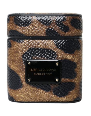 Dolce & Gabbana Brown Leopard Calf Leather Metal Logo Plaque Airpods Case - Retail Flare