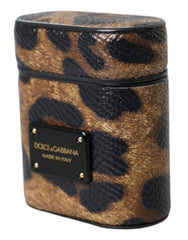 Dolce & Gabbana Brown Leopard Calf Leather Metal Logo Plaque Airpods Case - Retail Flare