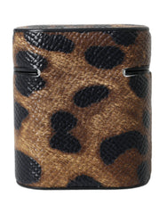 Dolce & Gabbana Brown Leopard Calf Leather Metal Logo Plaque Airpods Case - Retail Flare
