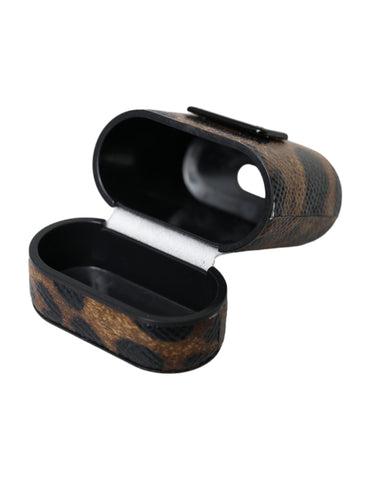 Dolce & Gabbana Brown Leopard Calf Leather Metal Logo Plaque Airpods Case - Retail Flare