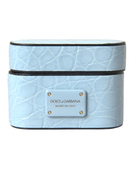 Dolce & Gabbana Light Blue Leather Metal Logo Plaque Airpods Case - Retail Flare