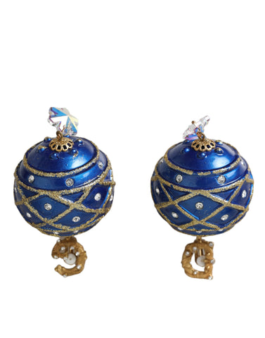 Dolce & Gabbana Gold Brass Blue Dangle Christmas Ball Crystal Clip On Earrings - Retail Flare