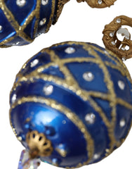 Dolce & Gabbana Gold Brass Blue Dangle Christmas Ball Crystal Clip On Earrings - Retail Flare
