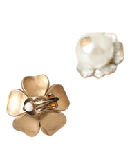 Dolce & Gabbana Gold Tone Maxi Faux Pearl Floral Clip-on Jewelry Earrings - Retail Flare