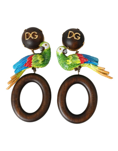 Dolce & Gabbana Multicolor Parrot Wood Brass Crystal Embellished Earring - Retail Flare