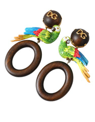 Dolce & Gabbana Multicolor Parrot Wood Brass Crystal Embellished Earring - Retail Flare