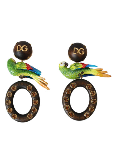 Dolce & Gabbana Multicolor Parrot Wood Brass Crystal Embellished Earrings - Retail Flare