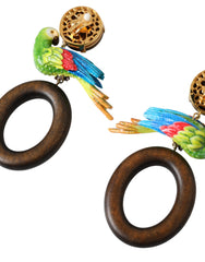 Dolce & Gabbana Multicolor Parrot Wood Brass Crystal Embellished Earrings - Retail Flare
