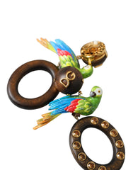 Dolce & Gabbana Multicolor Parrot Wood Brass Crystal Embellished Earrings - Retail Flare