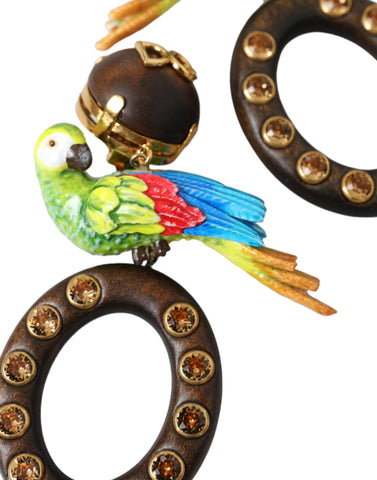 Dolce & Gabbana Multicolor Parrot Wood Brass Crystal Embellished Earrings - Retail Flare