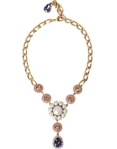 Dolce & Gabbana Gold Brass Crystal Purple Pink Pearl Pendants Necklace - Retail Flare