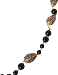 Dolce & Gabbana Gold Tone Brass Black Printed Beaded Long Chain Necklace - Retail Flare