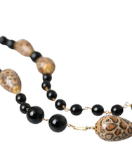Dolce & Gabbana Gold Tone Brass Black Printed Beaded Long Chain Necklace - Retail Flare