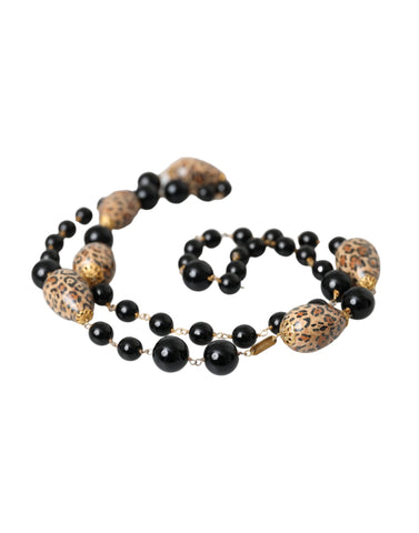 Dolce & Gabbana Gold Tone Brass Black Printed Beaded Long Chain Necklace - Retail Flare