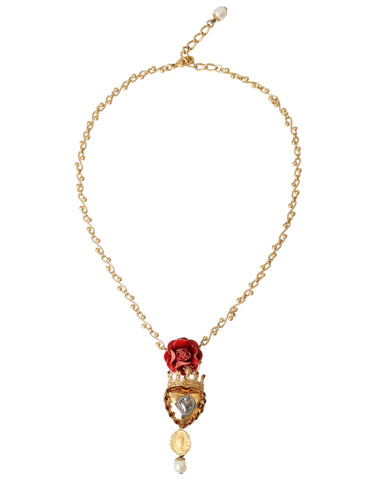 Dolce & Gabbana Gold BrassChain Sacred Heart Rose Crystal Charm Necklace - Retail Flare