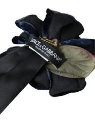 Dolce & Gabbana Black Silk Gold Brass Floral Hair Pin Brooch - Retail Flare