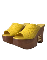 Dolce & Gabbana Yellow Leather Wood Mule Wedge Slides Shoes - Retail Flare