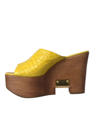 Dolce & Gabbana Yellow Leather Wood Mule Wedge Slides Shoes - Retail Flare