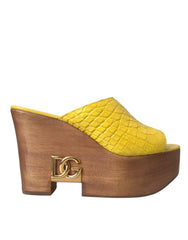 Dolce & Gabbana Yellow Leather Wood Mule Wedge Slides Shoes - Retail Flare
