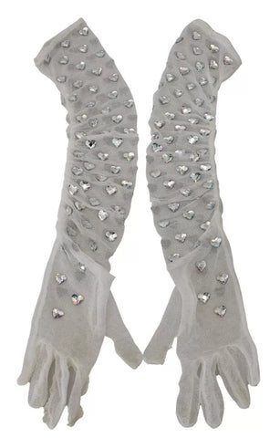 Dolce & Gabbana White Crystal Elbow Length Cotton Tulle Gloves - Retail Flare