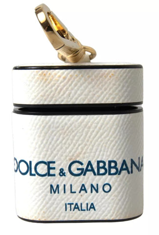 Dolce & Gabbana White Blue Calf Leather Logo Print Strap Airpods Case - Retail Flare