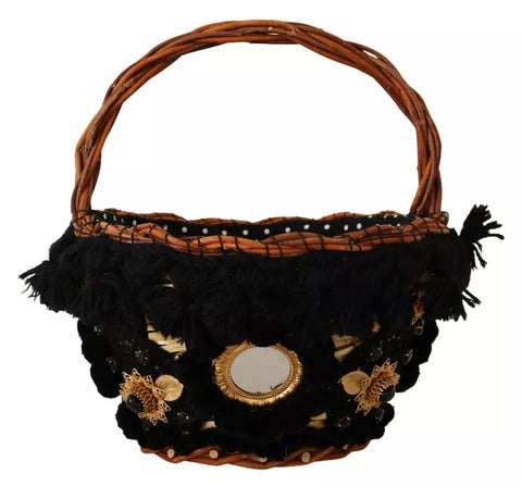 Dolce & Gabbana Black Beige Straw Basket Tote Pom Pom Crystals Bag - Retail Flare