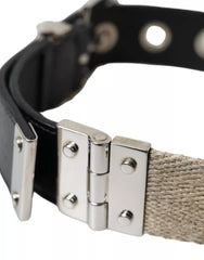 Dolce & Gabbana Black Leather Beige Strap Silver Metal Buckle Belt - Retail Flare
