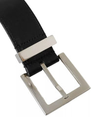 Dolce & Gabbana Black Leather Beige Strap Silver Metal Buckle Belt - Retail Flare