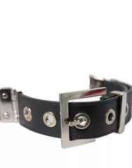 Dolce & Gabbana Black Leather Beige Strap Silver Metal Buckle Belt - Retail Flare