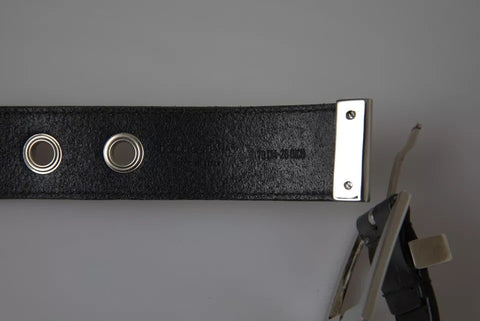 Dolce & Gabbana Black Leather Beige Strap Silver Metal Buckle Belt - Retail Flare