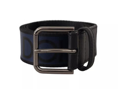 Dolce & Gabbana Blue Black Logo Print Silver Buckle Belt - Retail Flare
