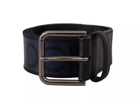 Dolce & Gabbana Blue Black Logo Print Silver Buckle Belt - Retail Flare