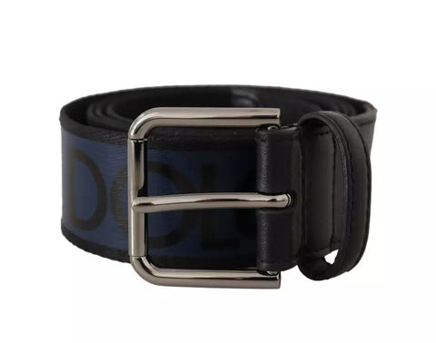 Dolce & Gabbana Blue Black Logo Print Silver Buckle Belt - Retail Flare