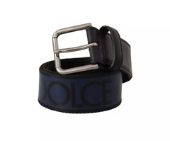 Dolce & Gabbana Blue Black Logo Print Silver Buckle Belt - Retail Flare