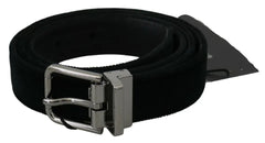 Dolce & Gabbana Black Velvet Leather Silver Buckle Belt - Retail Flare