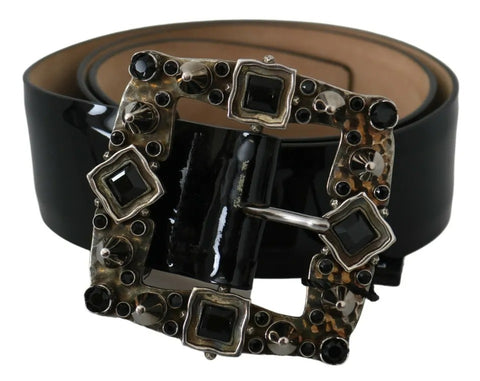 Dolce & Gabbana Black Shiny Leather Crystal Logo Buckle Belt - Retail Flare