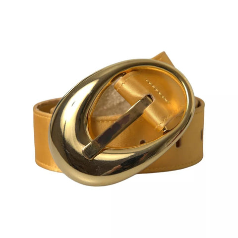 Dolce & Gabbana Gold Satin Leather Oval Metal Buckle Belt - Retail Flare