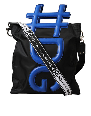 Dolce & Gabbana Black Nylon Blue Leather Hashtag Shopping Tote Bag - Retail Flare