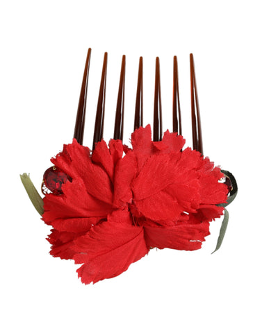 Dolce & Gabbana Red Silk Floral Gold Brass Women Hair Comb - Retail Flare