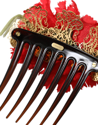 Dolce & Gabbana Red Silk Floral Gold Brass Women Hair Comb - Retail Flare