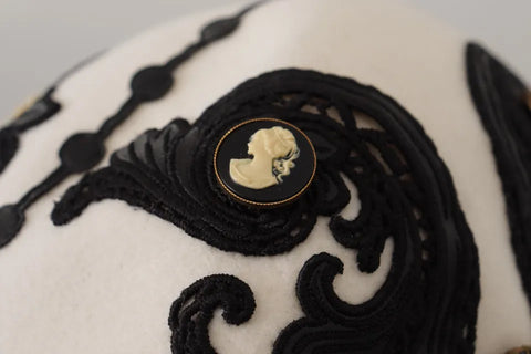 Dolce & Gabbana White Black Wool Embroidered Cameo Brooch Hat - Retail Flare