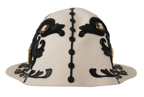 Dolce & Gabbana White Black Wool Embroidered Cameo Brooch Hat - Retail Flare