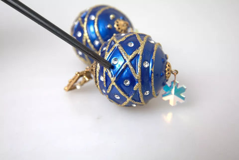 Dolce & Gabbana Gold Brass Blue Dangle Christmas Ball Crystal Clip On Earrings - Retail Flare