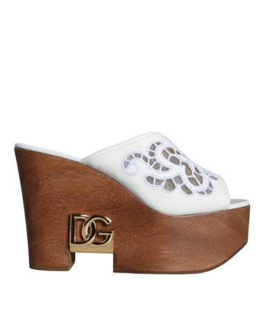 Dolce & Gabbana White Leather Wood Mules Wedge Slides Shoes - Retail Flare