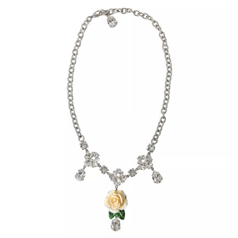Dolce & Gabbana Silver Brass Clear Crystal Roses Pendants Necklace - Retail Flare