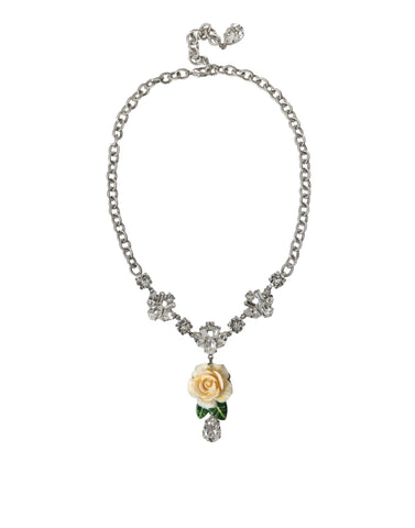 Dolce & Gabbana Silver Brass Clear Crystal Roses Pendants Necklace - Retail Flare
