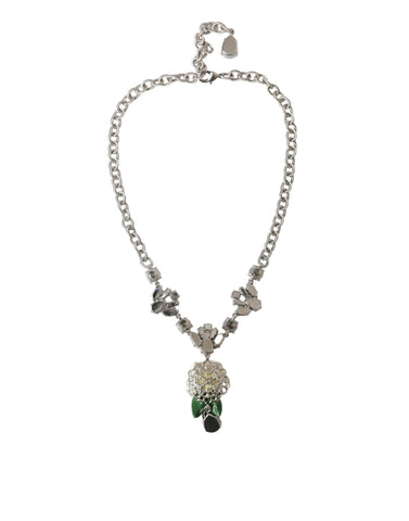 Dolce & Gabbana Silver Brass Clear Crystal Roses Pendants Necklace - Retail Flare