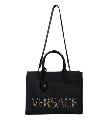 Versace Black Top Handle Canvas Leather Logo Crossbody Tote Bag - Retail Flare