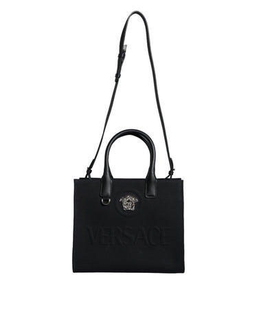 Versace Black Top Handle Canvas Leather Logo Crossbody Tote Bag - Retail Flare